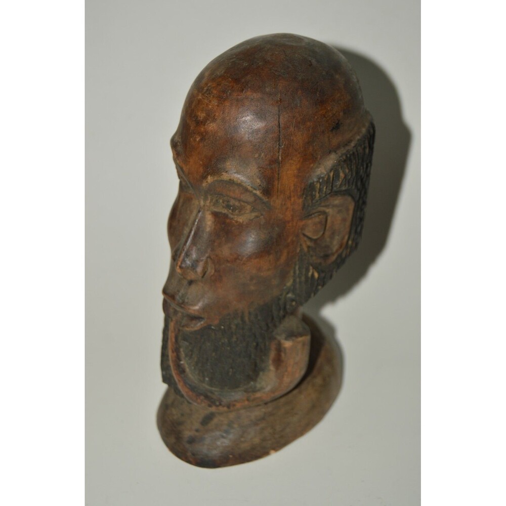 Vintage African Old Man Smoking Pipe Carved Wooden Head Statue RARE MINTY